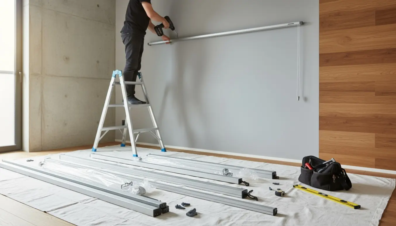 En håndværker tager gardinskinner ned på en stige, med flere skinner og værktøj pakket på gulvet.