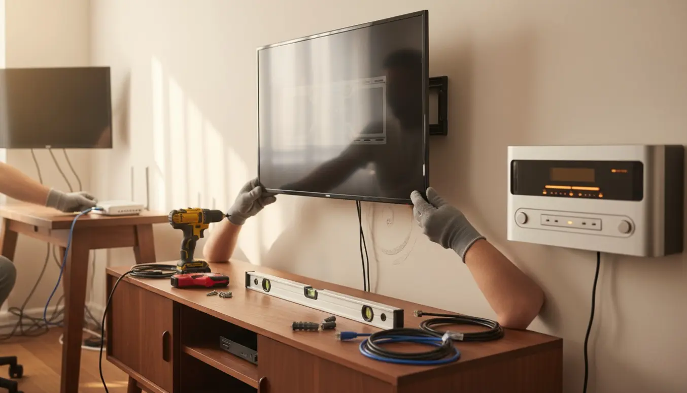 Hænder monterer en fladskærm på væggen med værktøj og en retro væghængt CD-afspiller i et solbeskinnet hjemmekontor.