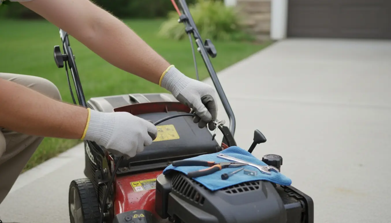 Tekniker skifter kontrolkabel på en plæneklipper udendørs med hænderne i fokus.