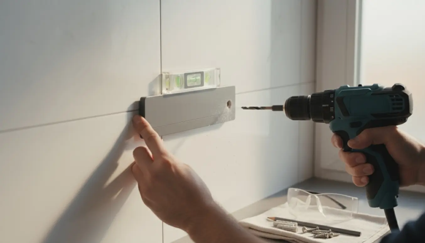Nærbillede af hænder, der borer huller og monterer en vægholder til tablet på et flisebadeværelse.