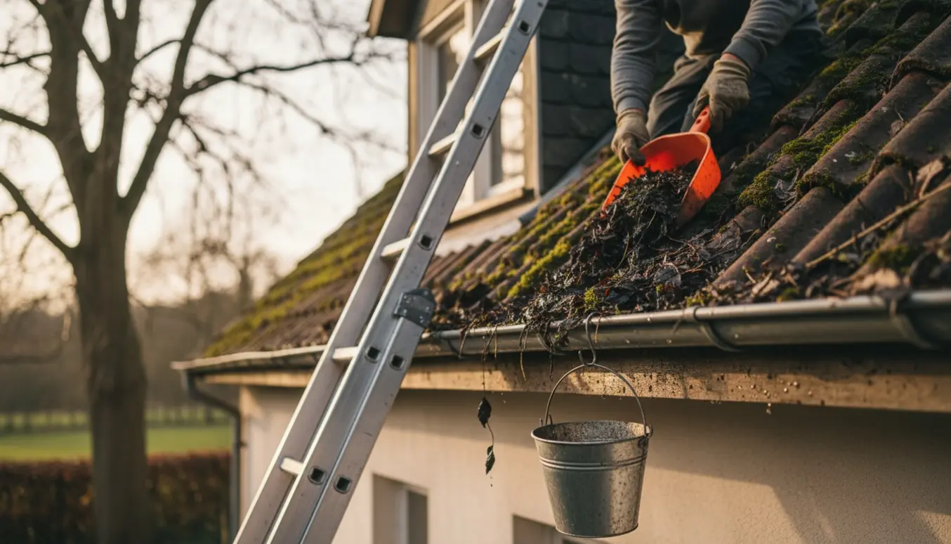 Person på stige renser tagrende med mos og blade fra en ældre bolig.