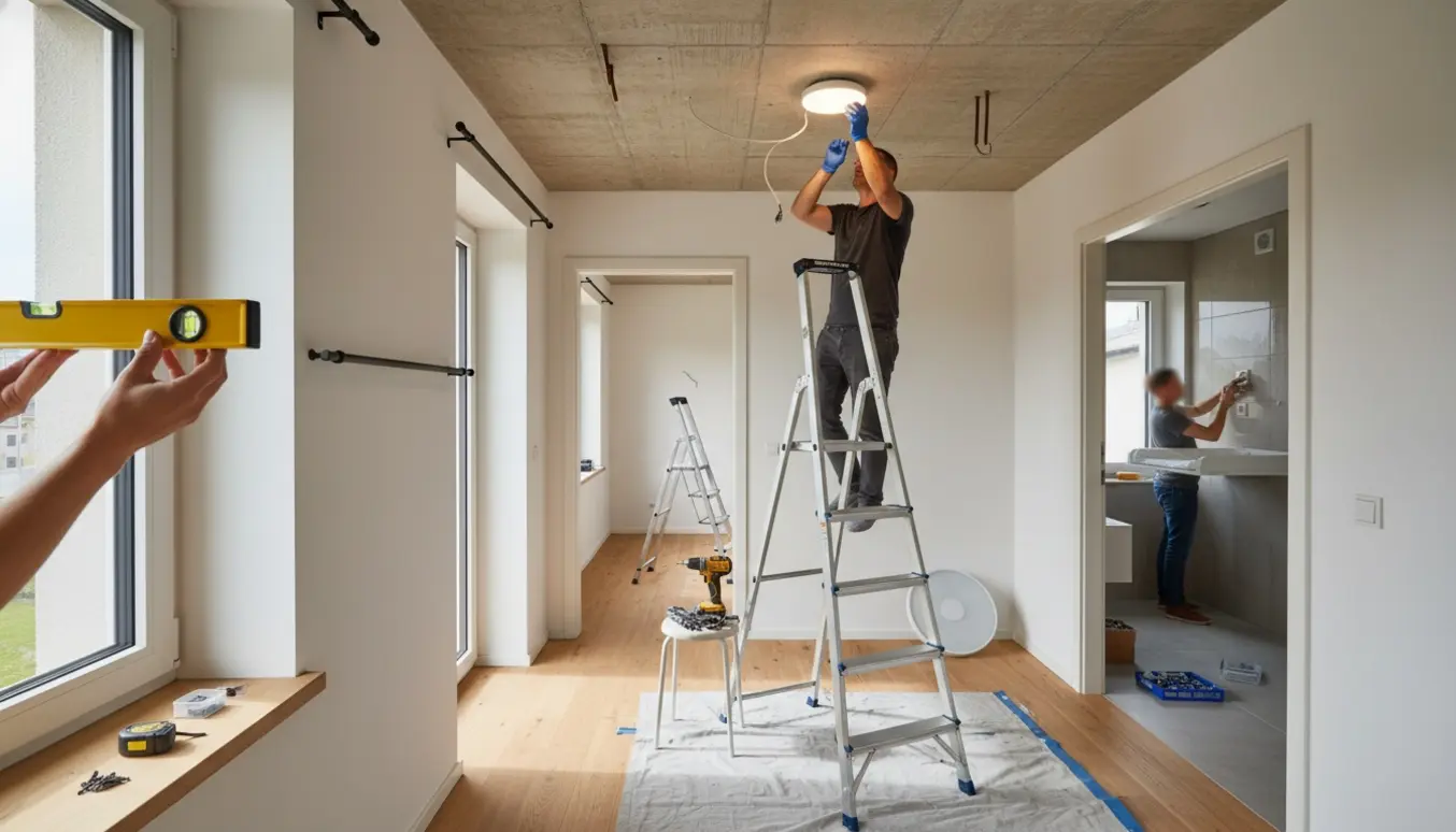 Håndværker monterer loftlamper og gardinstang i lejlighed med betonvægge, mens et puslebord fastgøres i et flisebadeværelse.