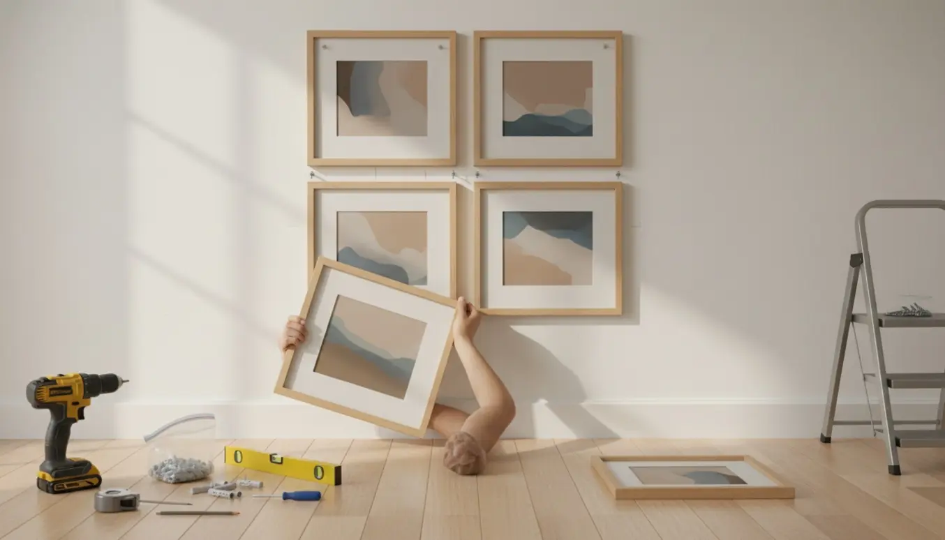 Hænder hænger fire billedrammer op på en gipsvæg med skruer og gipsankre.
