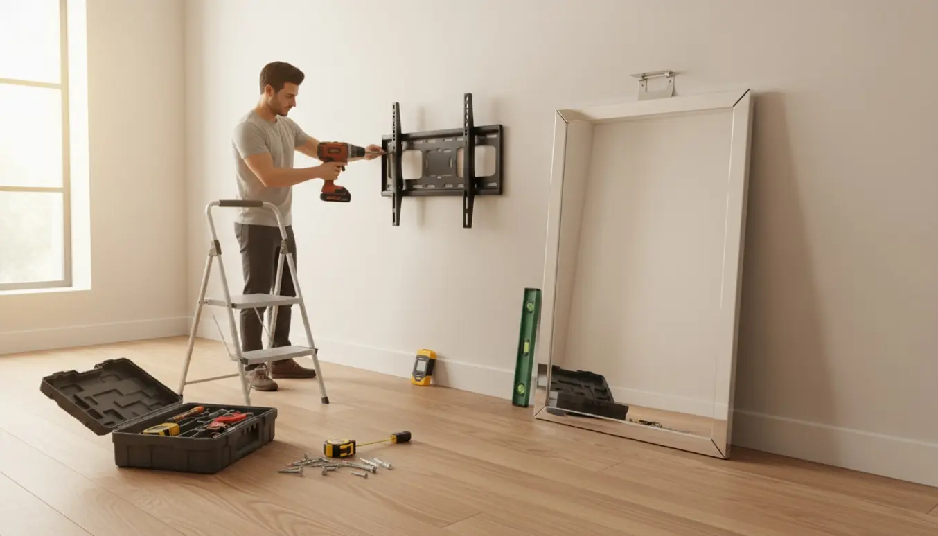 Hænder med boremaskine ved et tv-ophæng ved siden af et spejl, åben værktøjskasse med skruer og rawlplugs.