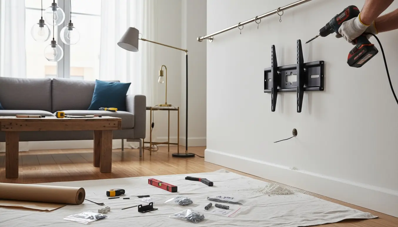 Hænder på en stige borer til TV-montering i et lyst opholdsrum med fem lamper og en delvist opsat gardinstang.