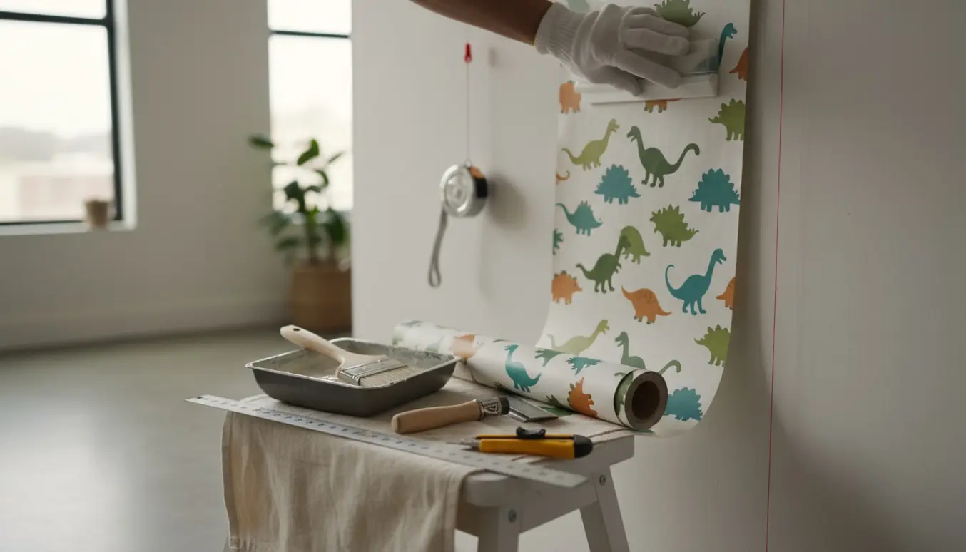 To hænder justerer og glatter dinosaurmønstret tapet på en nypudset væg.