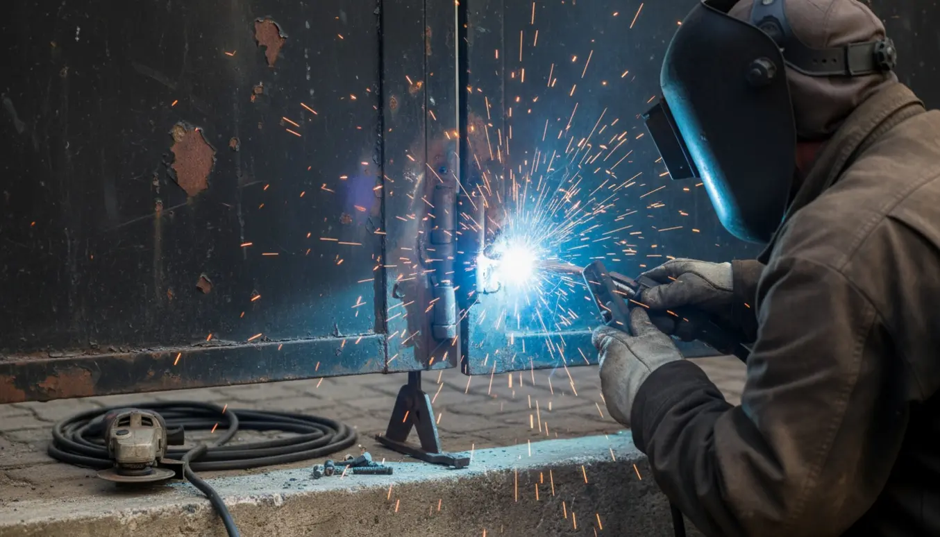 Nærbillede af svejsning af to hængsler på en stor metalport med gnister og svejser i hjelm.