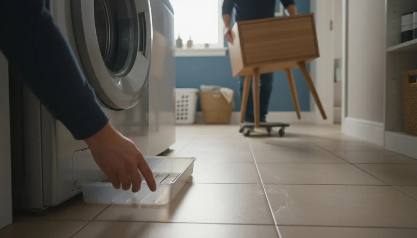 En hånd skubber en drypbakke ind under en frontbetjent vaskemaskine, mens et lille sengebord bæres væk i baggrunden.