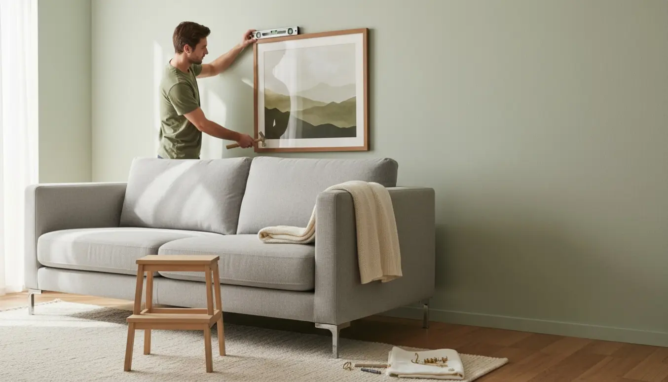 Person hænger et indrammet billede over en sofa i en lys stue med hammer og vaterpas.