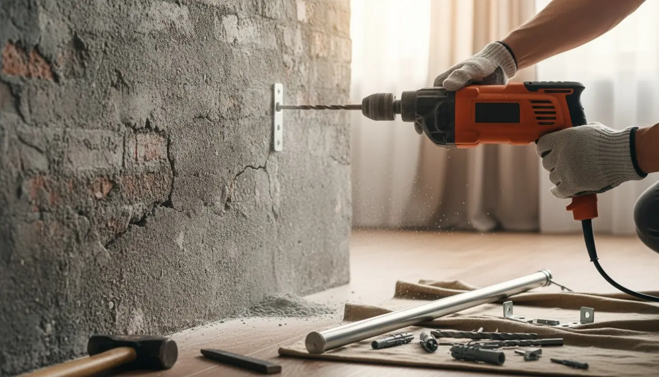 Handskerede hænder borer i en meget hård væg for at opsætte en gardinstang med værktøj og støv i nærheden.
