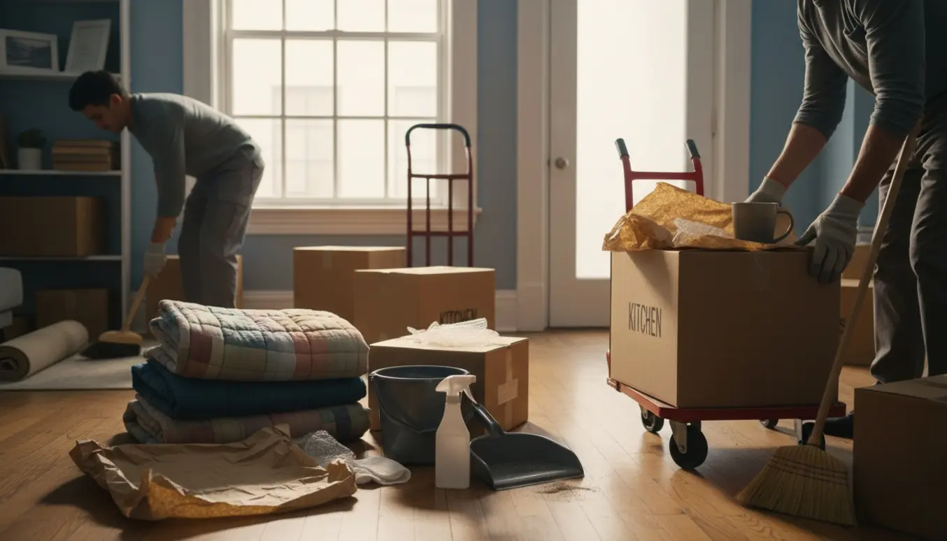 Hænder pakker flyttekasser og gør rent i en lys lejlighed med rengøringsredskaber og stak af kartoner.