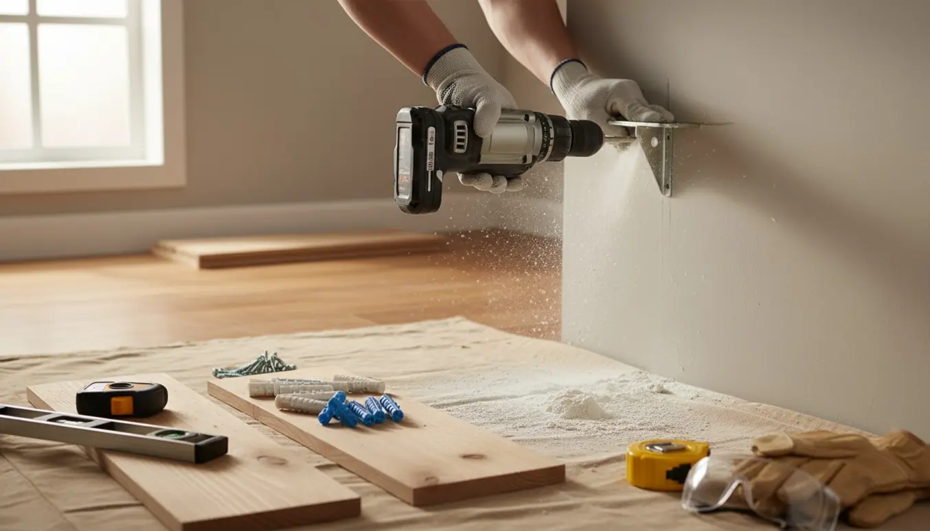 Hænder bruger en boremaskine til at bore huller i en væg for at montere hylder.