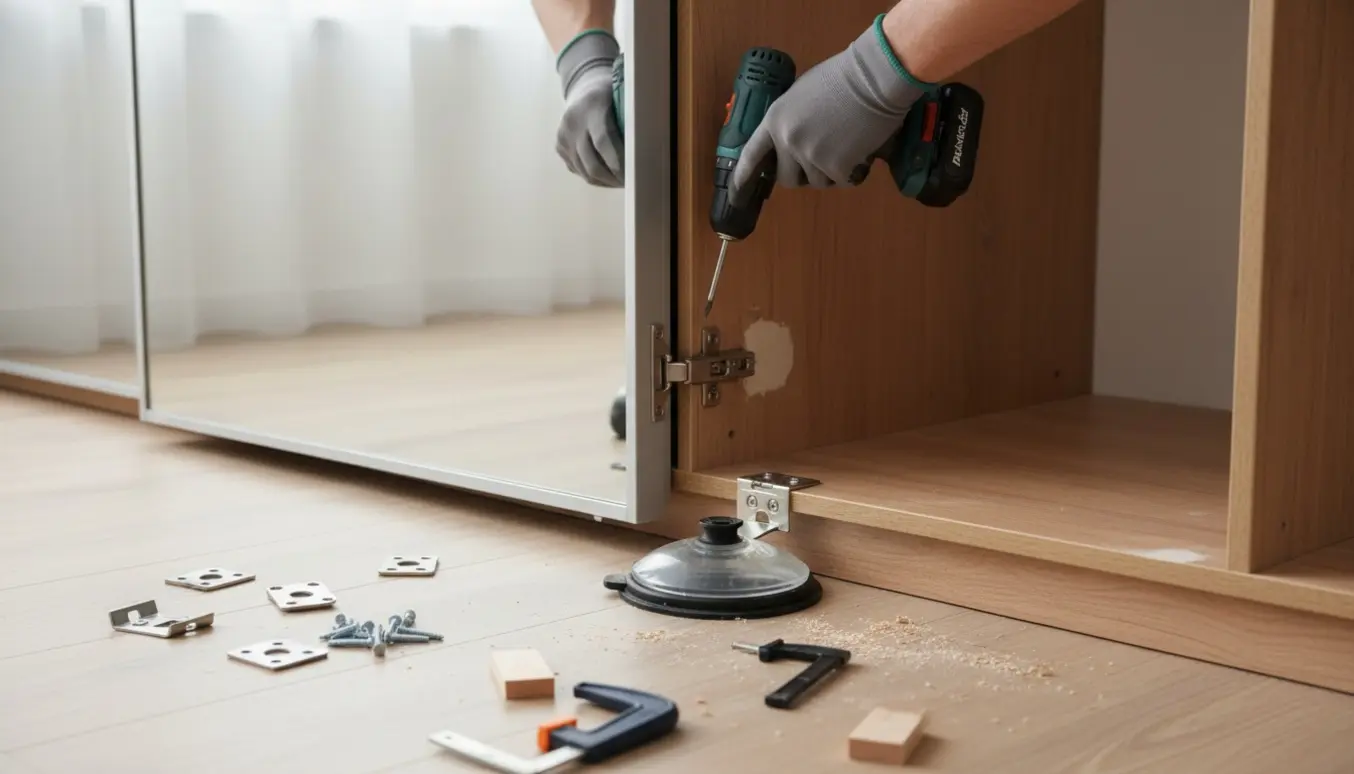 Stor spejlklædeskabsdør genmonteres med hængsel og forstærkning, værktøj og sugekop ved siden af.