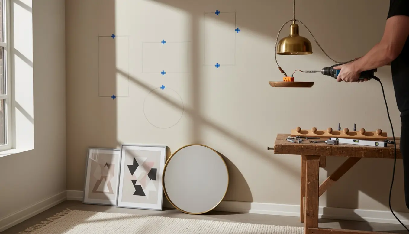 Hænder borer i en væg for at hænge lampe, billeder, spejl og knagerække med plugs og skruer klar.