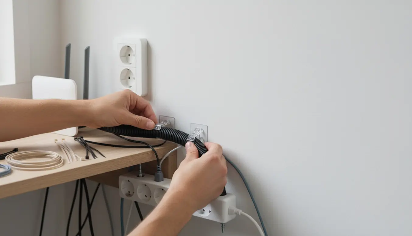 Hænder organiserer ledninger ved router og fiberudtag med stikdåse og kabelklips.