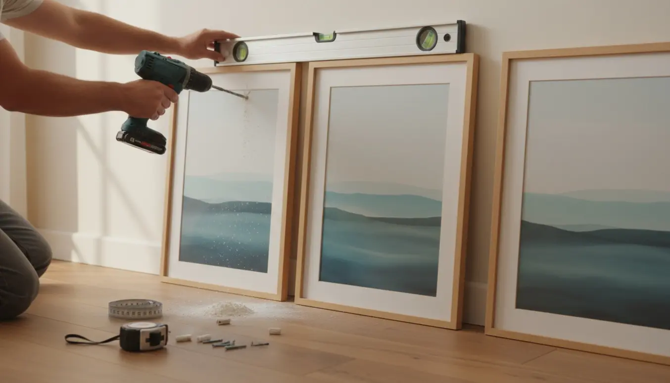 Hænder borer i en væg for at hænge tre store portrætrammer med vaterpas og værktøj i forgrunden.