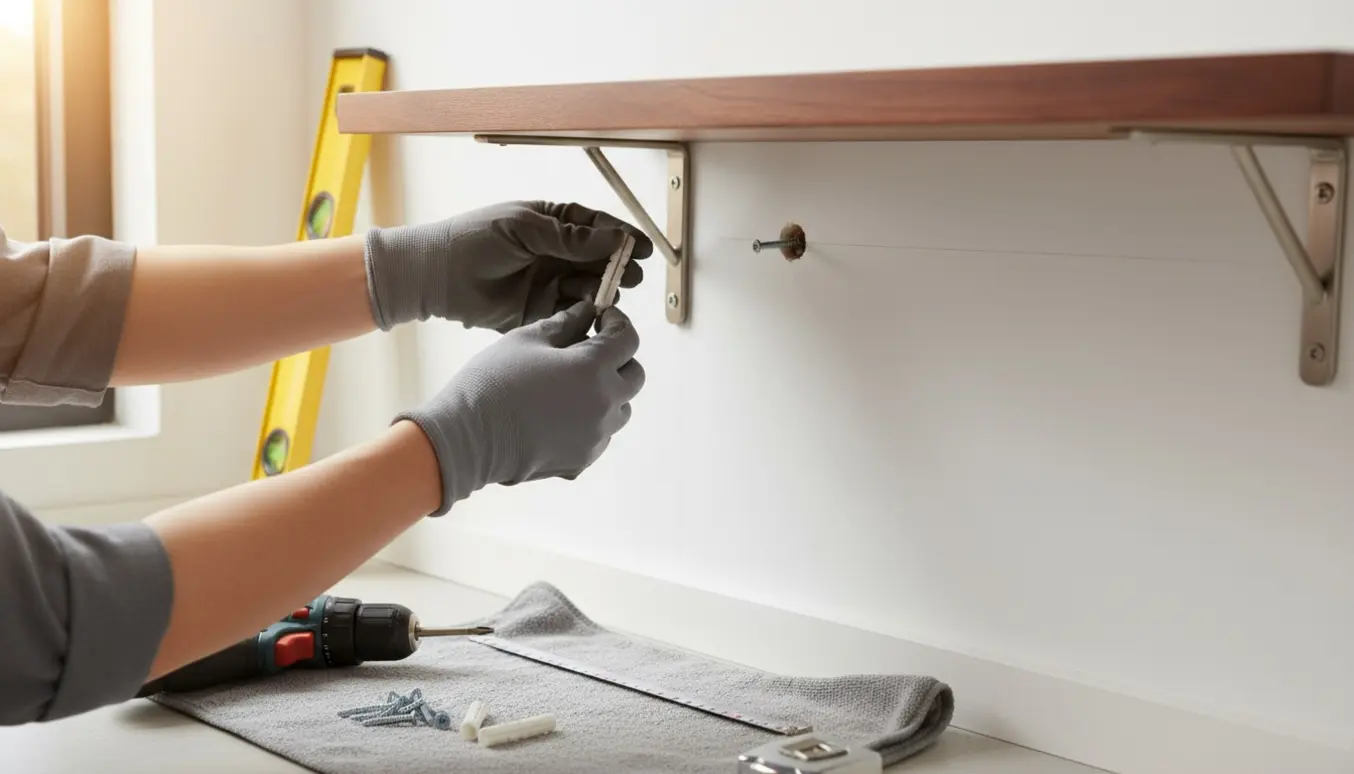Hænder fjerner og genopsætter en væghængt reol med bor, rawlplugs og vaterpas i et lyst rum.