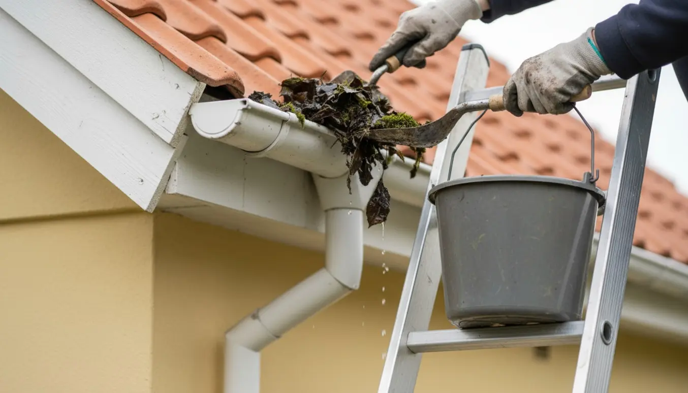 Nærbillede af handsker, der fjerner blade og mudder fra et tilstoppet tagrendehjørne ved nedløbsrøret på en villa.