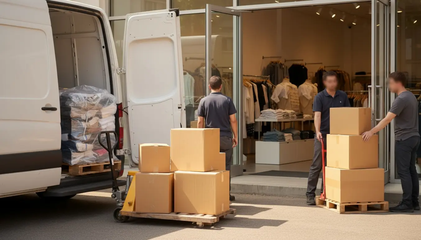 Palleløfter og tralle flytter paller med tøj ind gennem en niveaufri butikindgang uden trapper.
