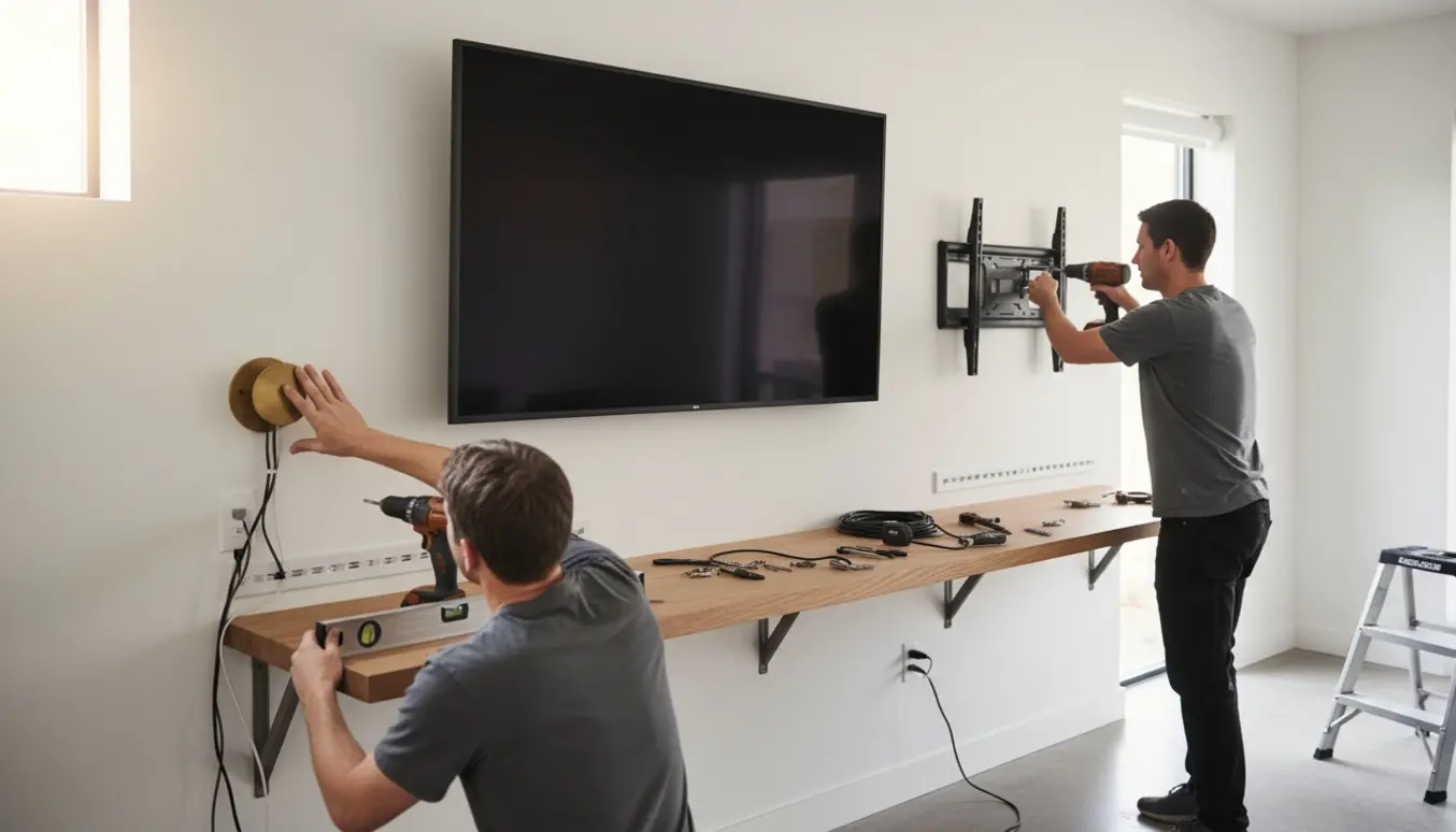 Installatører monterer et stort fladskærms-tv over en vægmonteret træbordplade med værktøj og kabelskjulere omkring.