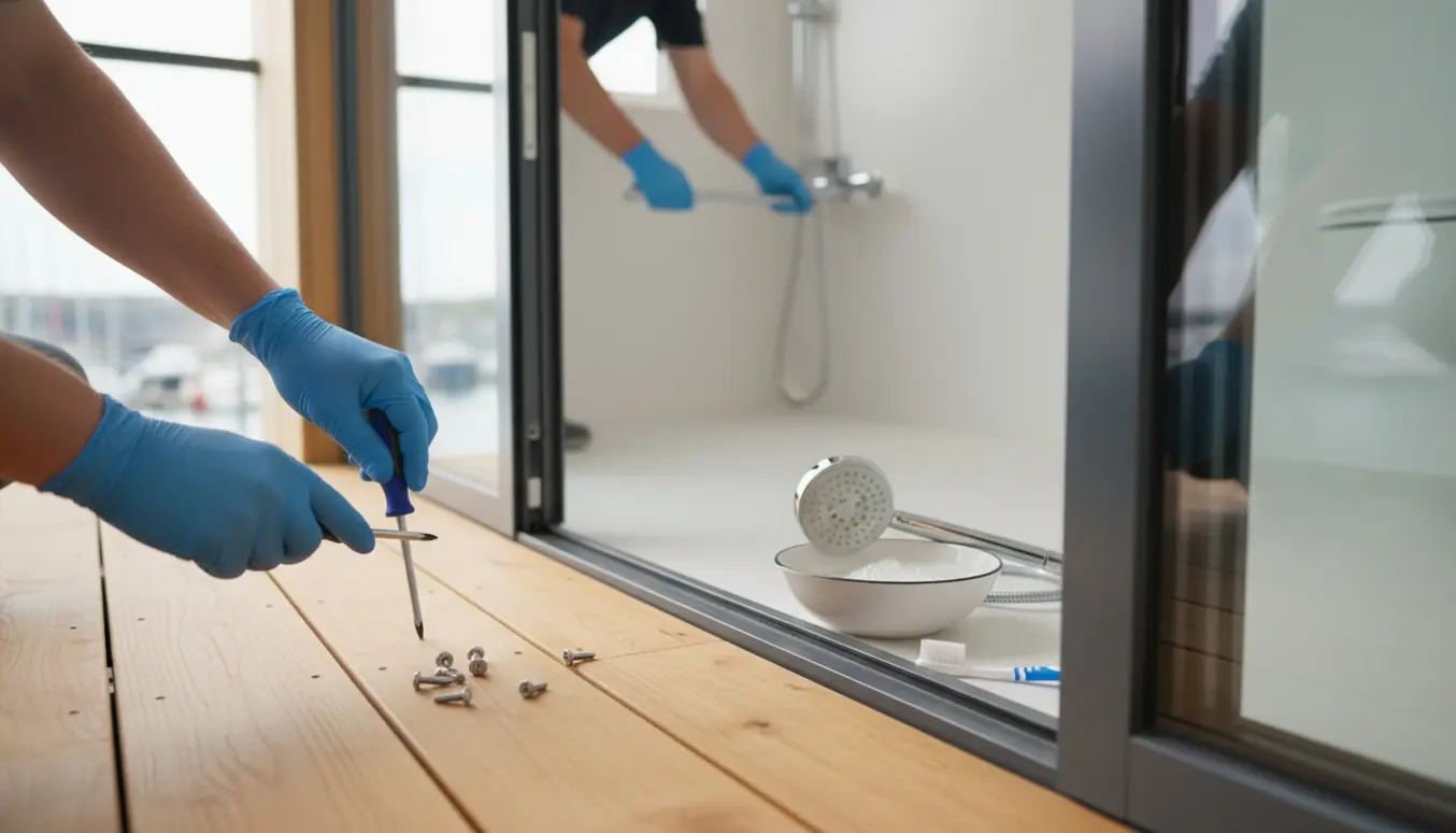 Handskerede hænder strammer en løs skrue i rækværket, med et kalket brusehoved og værktøj i baggrunden.