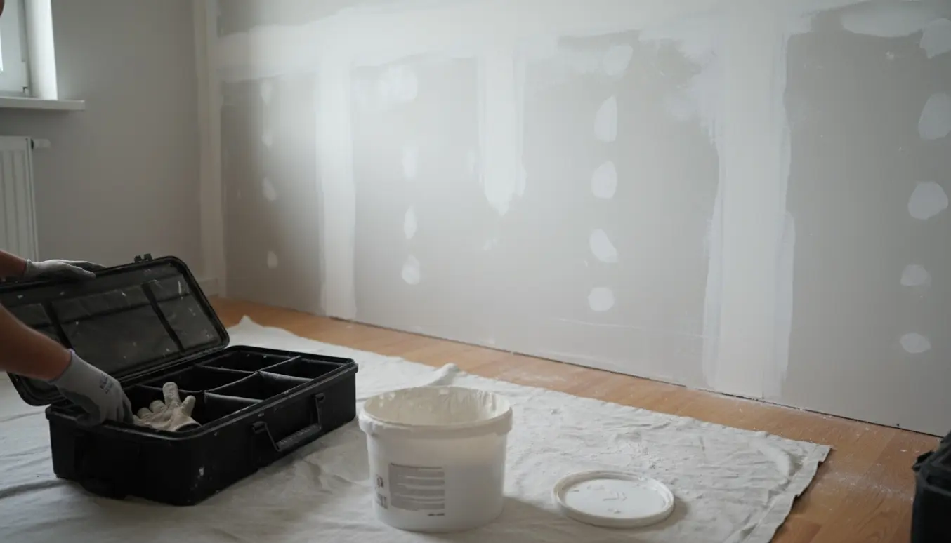 Åben spackelspand og delvist spartlet væg i et lille værelse med et tomt værktøjsskrin.