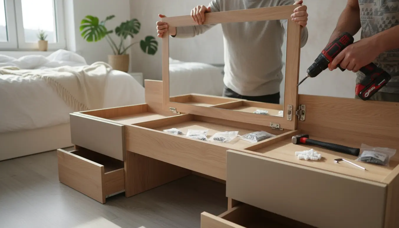 To personer samler et sminkebord med skruemaskine, plugs og hammer i et lyst soveværelse.