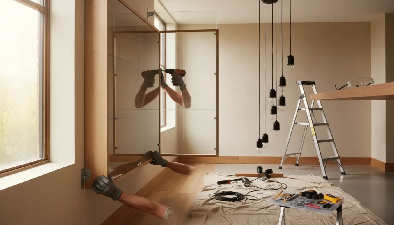 Nedtagning af væghængt vitrineskab med værktøj og syv hængelamper samlet i et lyst rum.