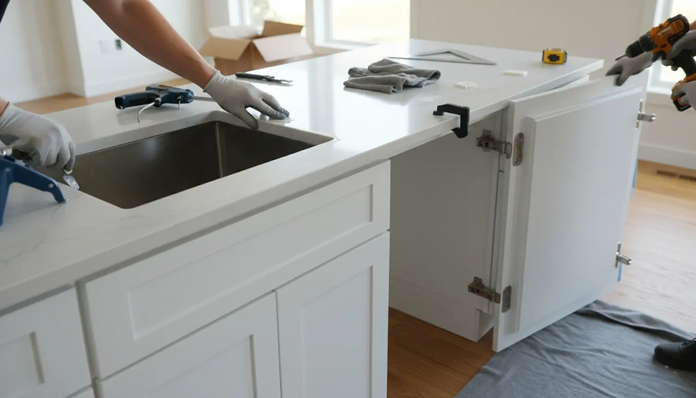 Nærbillede af køkkenrenovering med ny bordplade, nedfældet vask og montering af en køleskabsdør.