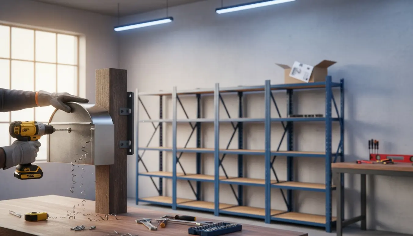 Handskerede hænder laver huller i en postkasse ved et monteringsstativ, med fem samlede værkstedsreoler i baggrunden.