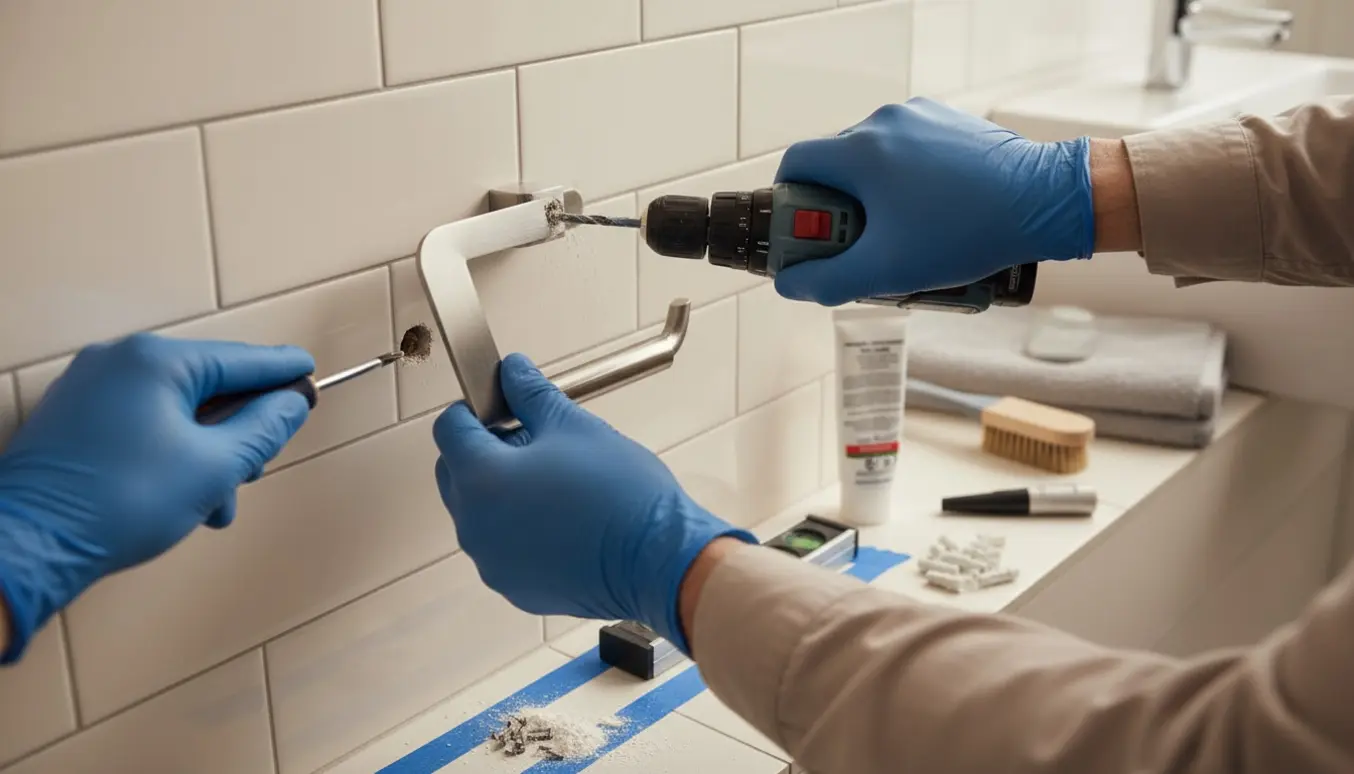 Hænder monterer en toiletrulleholder på fliser med boremaskine og værktøj i et badeværelse.