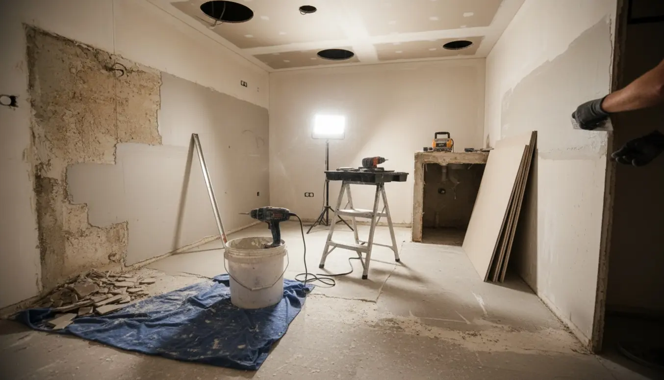 Nøje forberedt køkken med spartlede vægge, udglattet gulv og reparationer i loftet klar til ny installation.