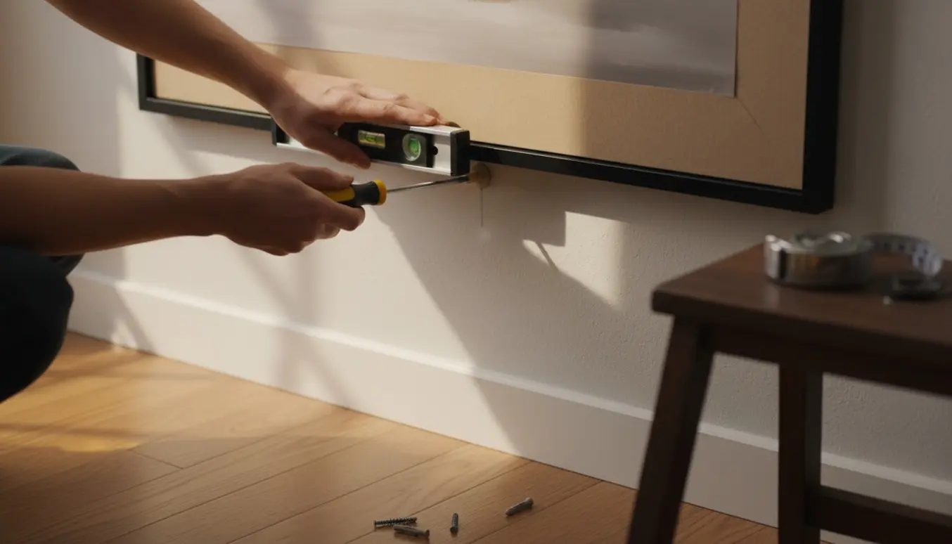 Hænder hænger et stort billedramme på en almindelig væg med skruer og almindeligt værktøj.