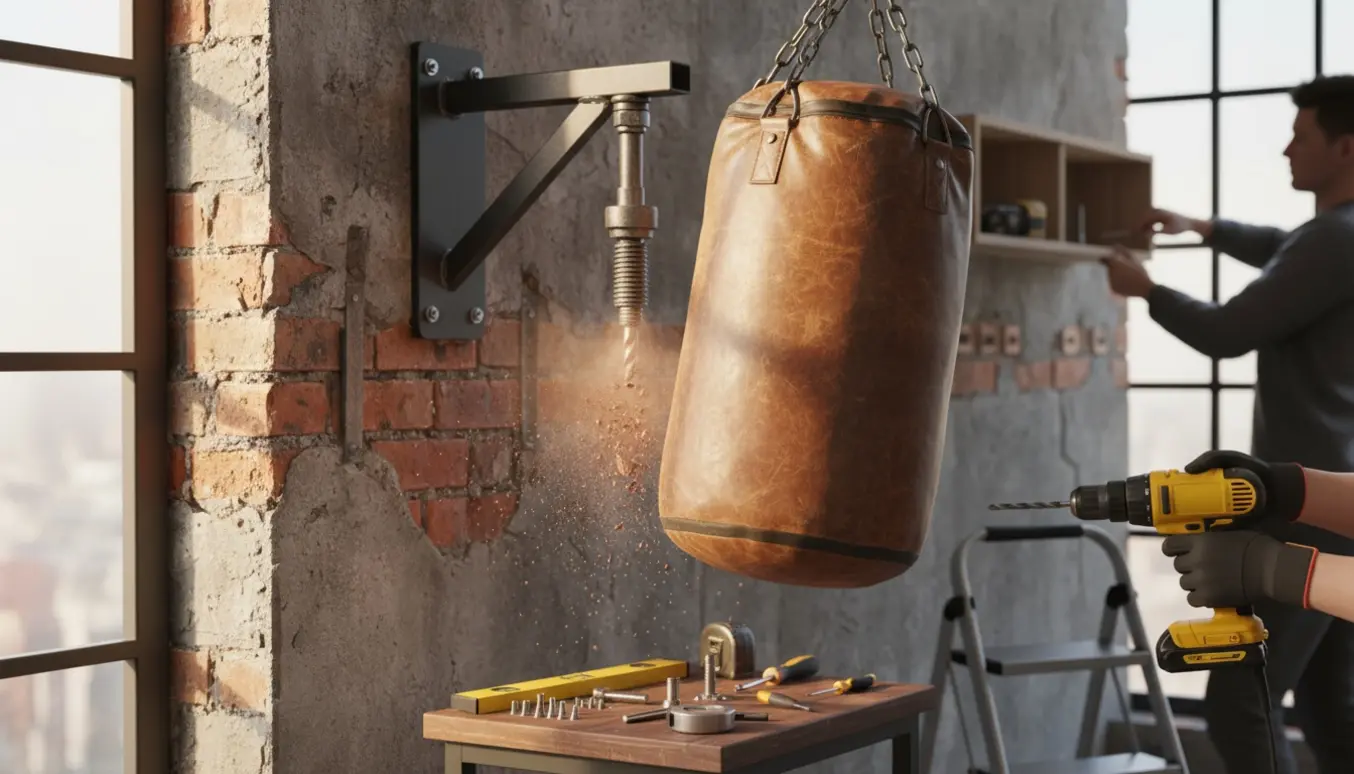 En tung boksesæk hænger i et forstærket vægophæng på en beton- og murstensvæg, mens hænder bruger et slagbor og to små hylder monteres.