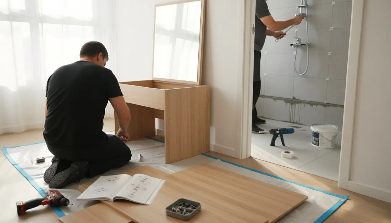 Håndværkere samler et makeupbord og installerer en bruser i en lys, moderne lejlighed uden synlige ansigter.