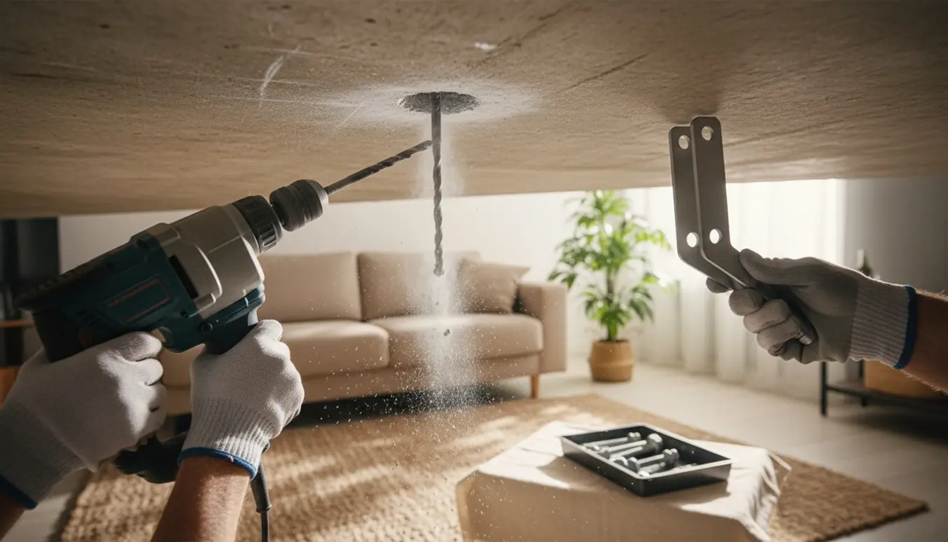 Nærbillede af boring af to huller i betonloft og montering af metalbeslag til gynge i en stue.