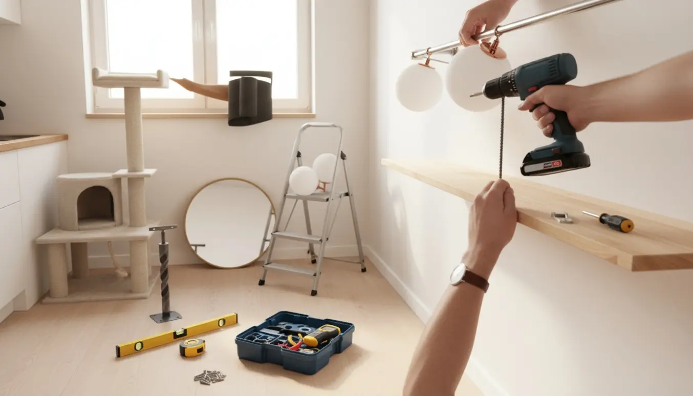 Hænder monterer hylde, gardinstang og lamper i en lys lejlighed med værktøj i fokus.