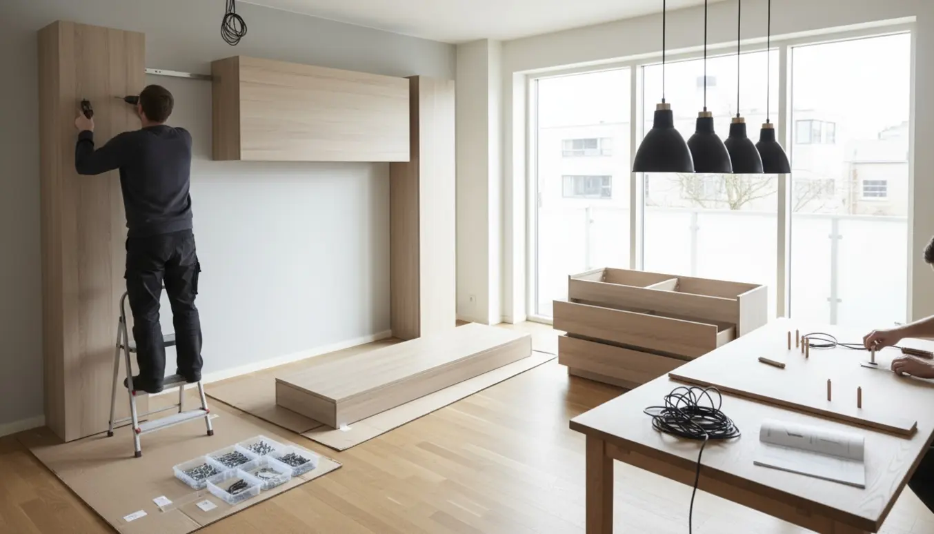 Montana-skab monteres i en moderne lejlighed, mens en person samler en kommode og lamper klar til ophæng.