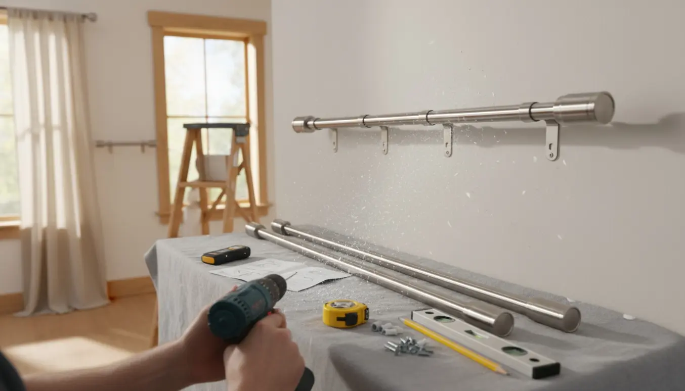 Hænder borer beslag til fire gardinstænger i en lys stue med værktøj og gardinstænger lagt klar.