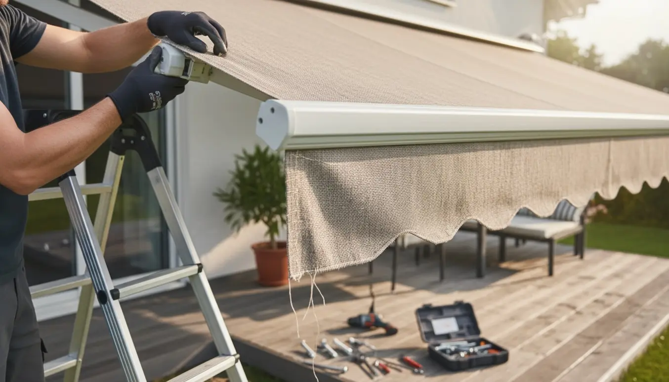 Hænder ved en stige reparerer en udvendig markise med værktøj på en terrasse.