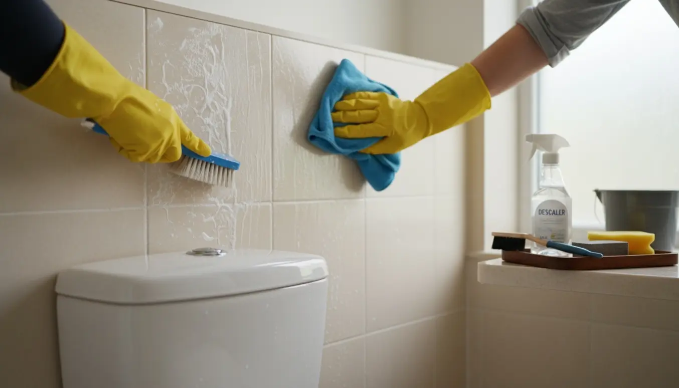 Hænder i gummihandsker fjerner kalk fra fliser og toiletskål med børste og klud i et lyst badeværelse.