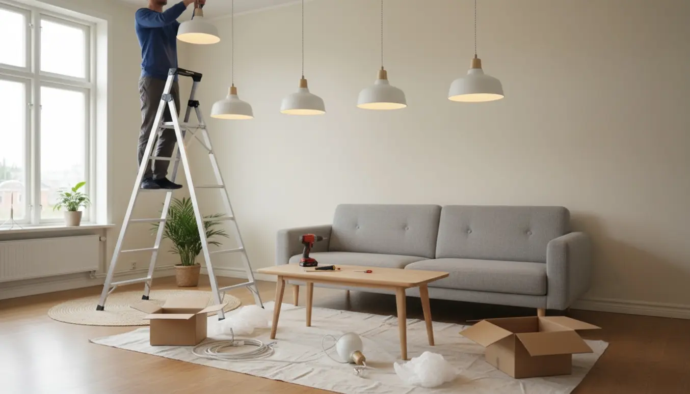 Montering af fem moderne hængelamper i en lejlighed, en håndværker monterer en lampe fra en stige.