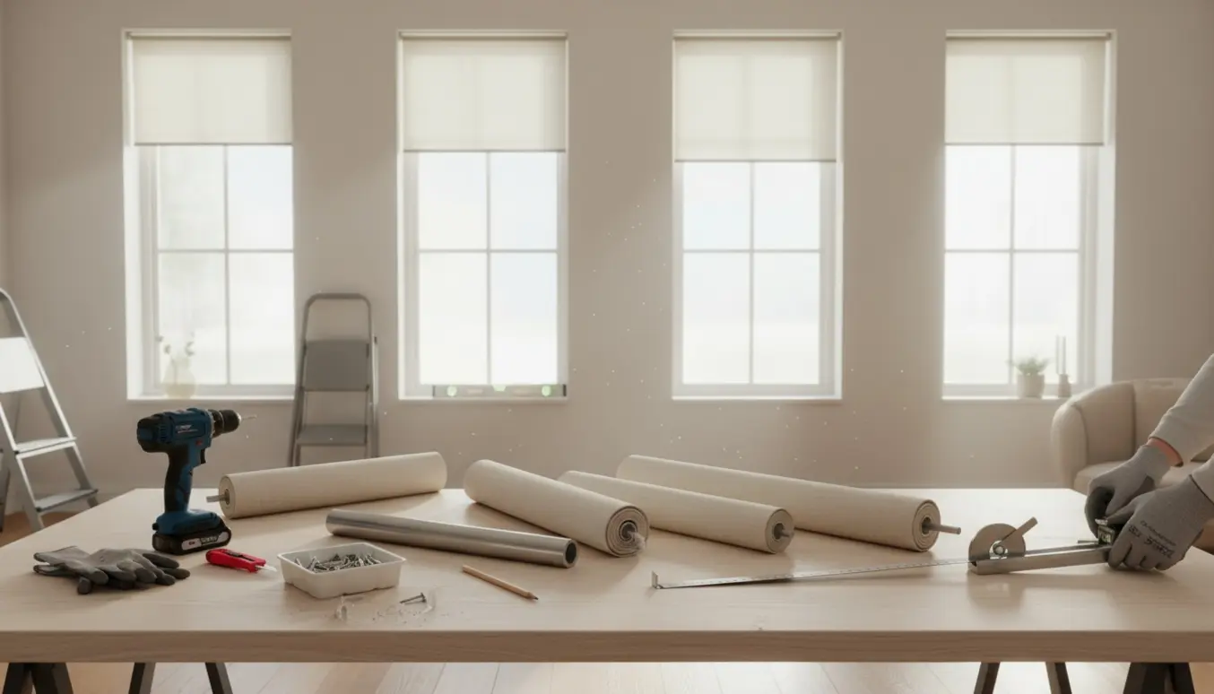 Hænder forkorter og monterer fem rullegardiner i et lyst og ryddeligt rum.