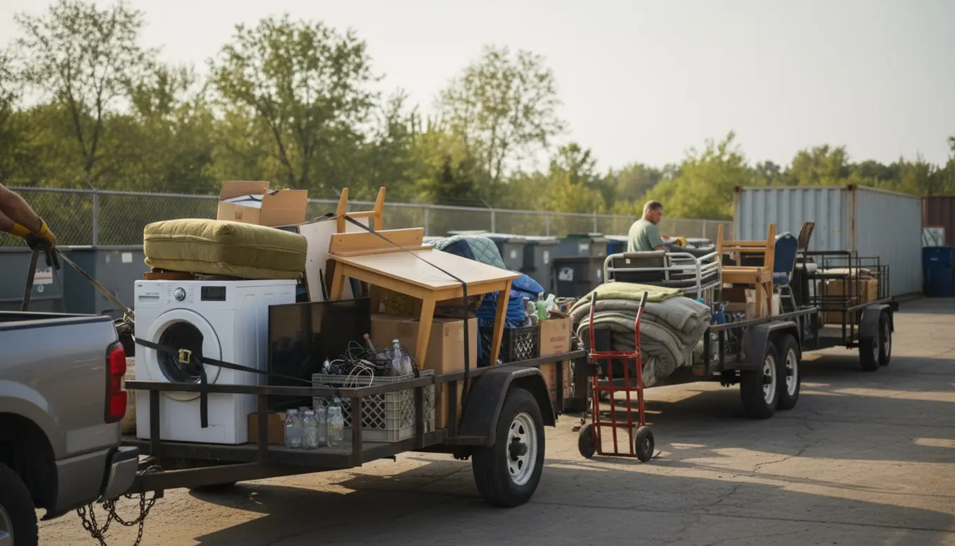 Stor trailer ved genbrugsplads fyldt med møbler, vaskemaskine, elektronik og glas, mens hænder spænder stropper.