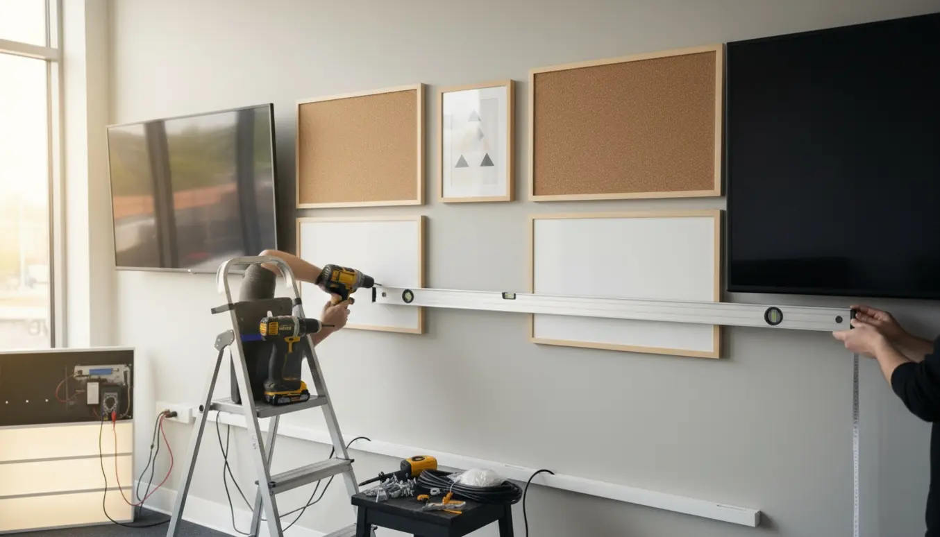 Tekniker hænger to TV, fire tavler og et billede op på en væg, mens et lysskilt testes.