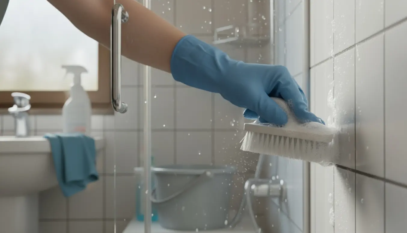 Gummihandsker skrubber fliser og fuger i et badeværelse under en grundig rengøring.