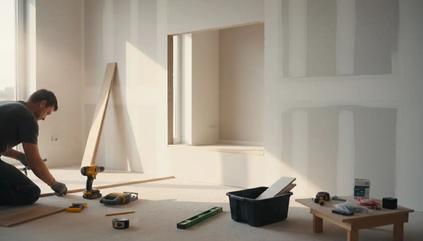 Åbning i gipsvæg med pæne lister og klar stak gulvbrædder til montering.