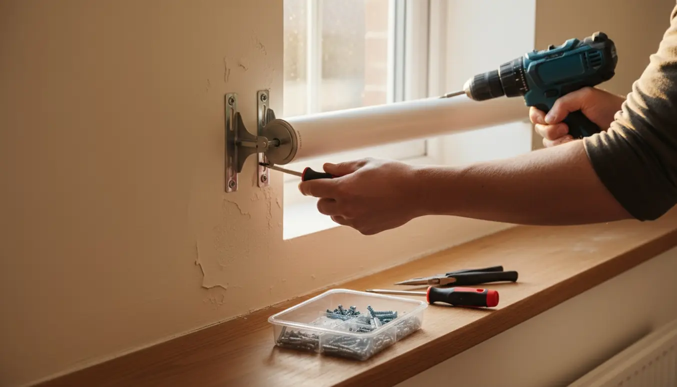 Hænder fjerner metalbeslag til rullgardin ved et vindue med værktøj på vindueskarmen.