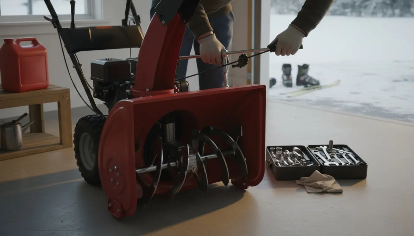 Hænder efterspænder bolte og justerer gearkabler på en sneslynge i en garage med værktøj, olie og benzindunk i nærheden.