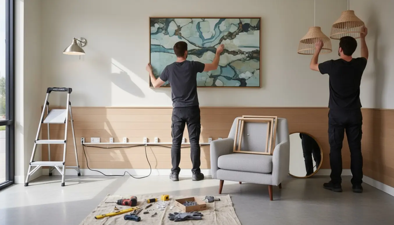 Venteværelse hvor billeder, væglamper og ledninger monteres med værktøj, uden genkendelige ansigter.